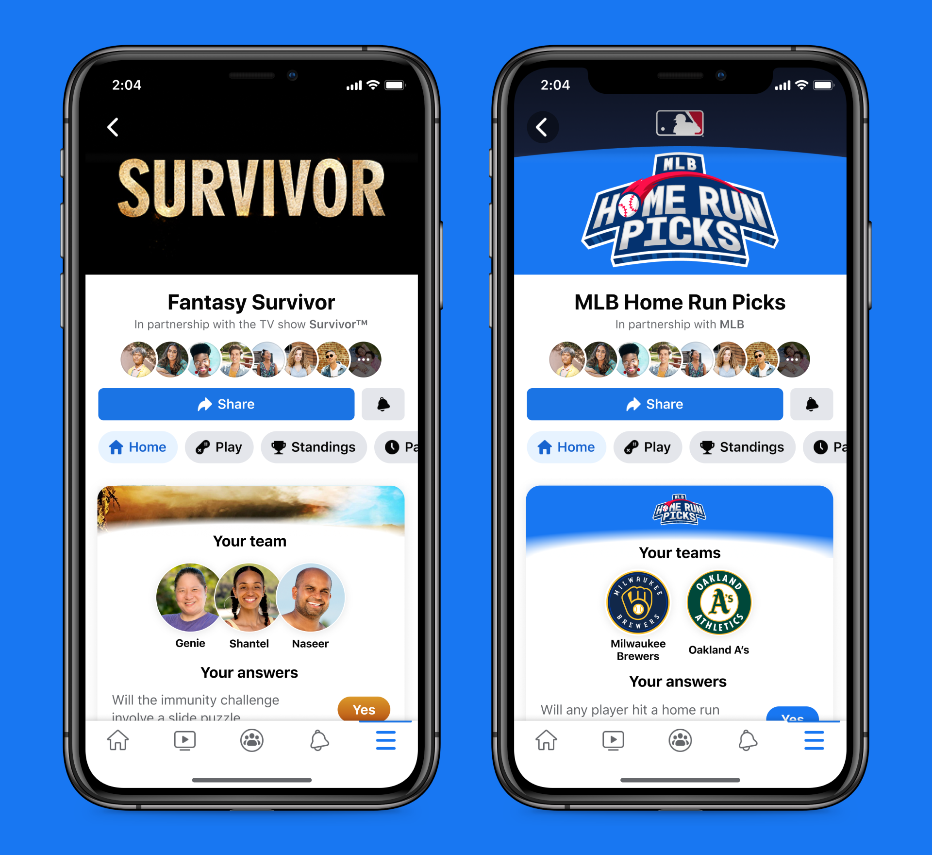 Screenshots of Fantasy Survivor and MLB Home Run Picks